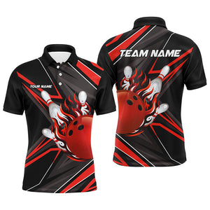 Black and Red Men Bowling Polo, 1/4 Zip Shirt custom Bowling Ball Pins flame bowling jersey for Bowler NQS8428