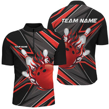 Load image into Gallery viewer, Black and Red Men Bowling Polo, 1/4 Zip Shirt custom Bowling Ball Pins flame bowling jersey for Bowler NQS8428