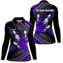 Load image into Gallery viewer, Black and Purple Womens Bowling Shirts custom Bowling Ball and Pins flame bowling jerseys for Bowlers NQS8429