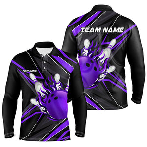 Black Purple Men Bowling Polo, 1/4 Zip Shirt custom Bowling Ball Pins flame bowling jersey for Bowler NQS8429