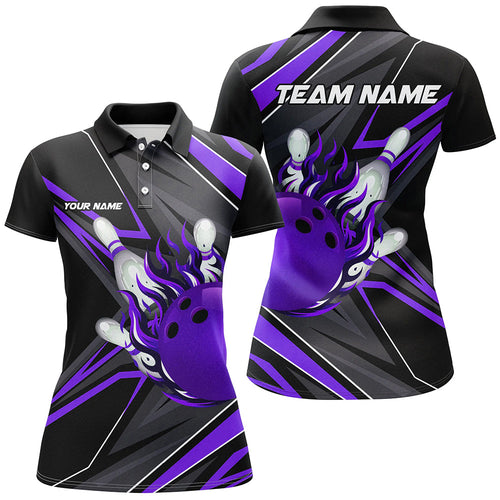 Black and Purple Womens Bowling Shirts custom Bowling Ball and Pins flame bowling jerseys for Bowlers NQS8429