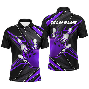 Black Purple Men Bowling Polo, 1/4 Zip Shirt custom Bowling Ball Pins flame bowling jersey for Bowler NQS8429