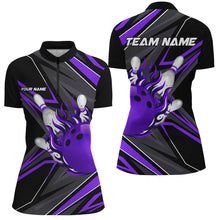 Load image into Gallery viewer, Black and Purple Womens Bowling Shirts custom Bowling Ball and Pins flame bowling jerseys for Bowlers NQS8429