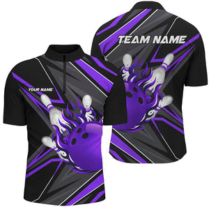 Black Purple Men Bowling Polo, 1/4 Zip Shirt custom Bowling Ball Pins flame bowling jersey for Bowler NQS8429