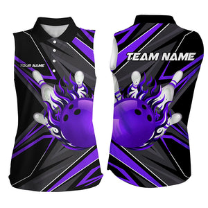 Black Purple Womens Sleeveless Polo Shirts custom Bowling Ball Pins flame bowling jerseys for Bowlers NQS8429