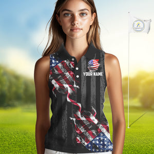 Black American flag smoke Women's Sleeveless Polo Shirt Custom Patriotic Team Golf attire NQS10615
