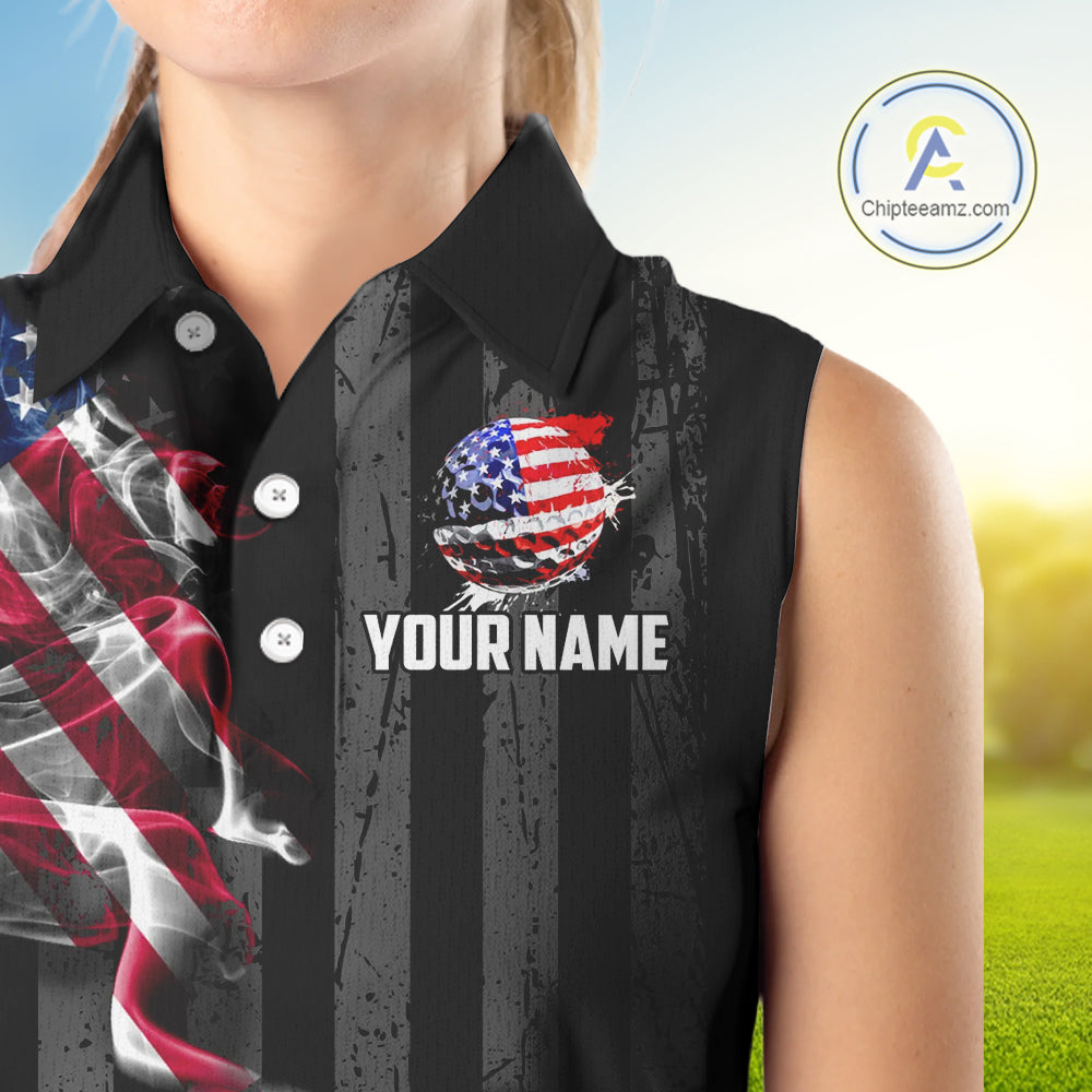 Black American flag smoke Women's Sleeveless Polo Shirt Custom Patriotic Team Golf attire NQS10615