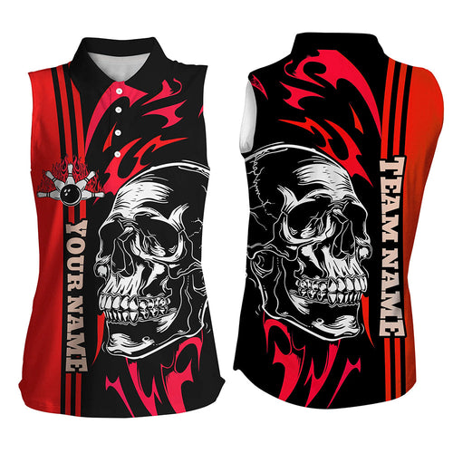 Bowling sleeveless polo Shirts Custom Black and Red flame skull Bowling ball pins Team league Jerseys NQS8664