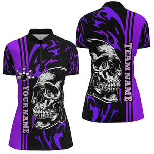 Bowling Shirts For Women Custom Black and Purple flame skull Bowling ball and pins Team league Jerseys NQS8665