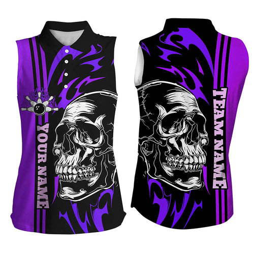 Bowling sleeveless polo Shirt Custom Black and Purple flame skull Bowling ball pins Team league Jersey NQS8665