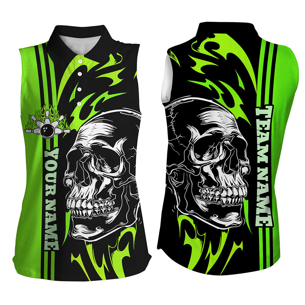 Bowling sleeveless polo Shirt Custom Black and Green flame skull Bowling ball pins Team league Jersey NQS8666