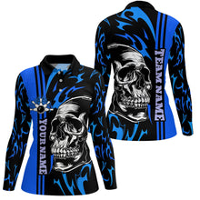 Load image into Gallery viewer, Bowling Shirts For Women Custom Black and Blue flame skull Bowling ball and pins Team league Jerseys NQS8667