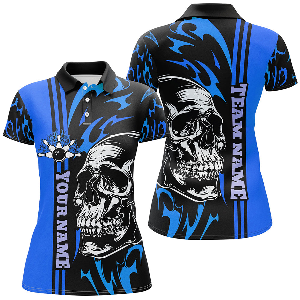 Bowling Shirts For Women Custom Black and Blue flame skull Bowling ball and pins Team league Jerseys NQS8667