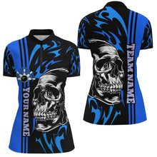 Load image into Gallery viewer, Bowling Shirts For Women Custom Black and Blue flame skull Bowling ball and pins Team league Jerseys NQS8667