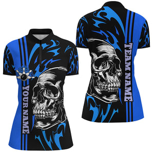 Bowling Shirts For Women Custom Black and Blue flame skull Bowling ball and pins Team league Jerseys NQS8667