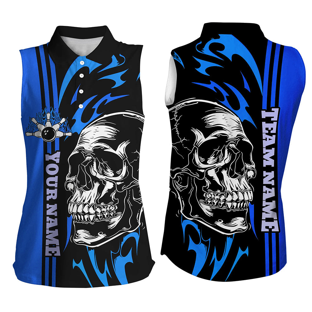 Bowling sleeveless polo Shirt Custom Black and Blue flame skull Bowling ball pins Team league Jersey NQS8667