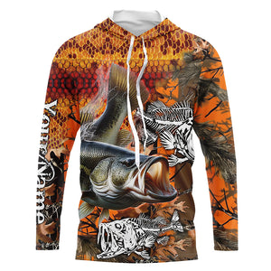 Largemouth Bass fishing orange camo performance long sleeve fishing shirt, Bass fishing jerseys NQS4293