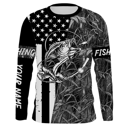 Bass Fishing American Flag patriotic gray Camo custom Performance Long Sleeve fishing shirt for angler NQSD98