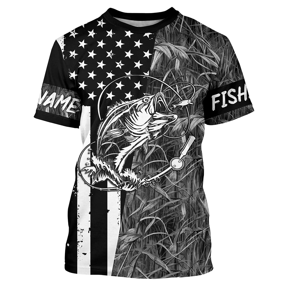 Bass Fishing American Flag patriotic gray Camo custom Performance Long Sleeve fishing shirt for angler NQSD98
