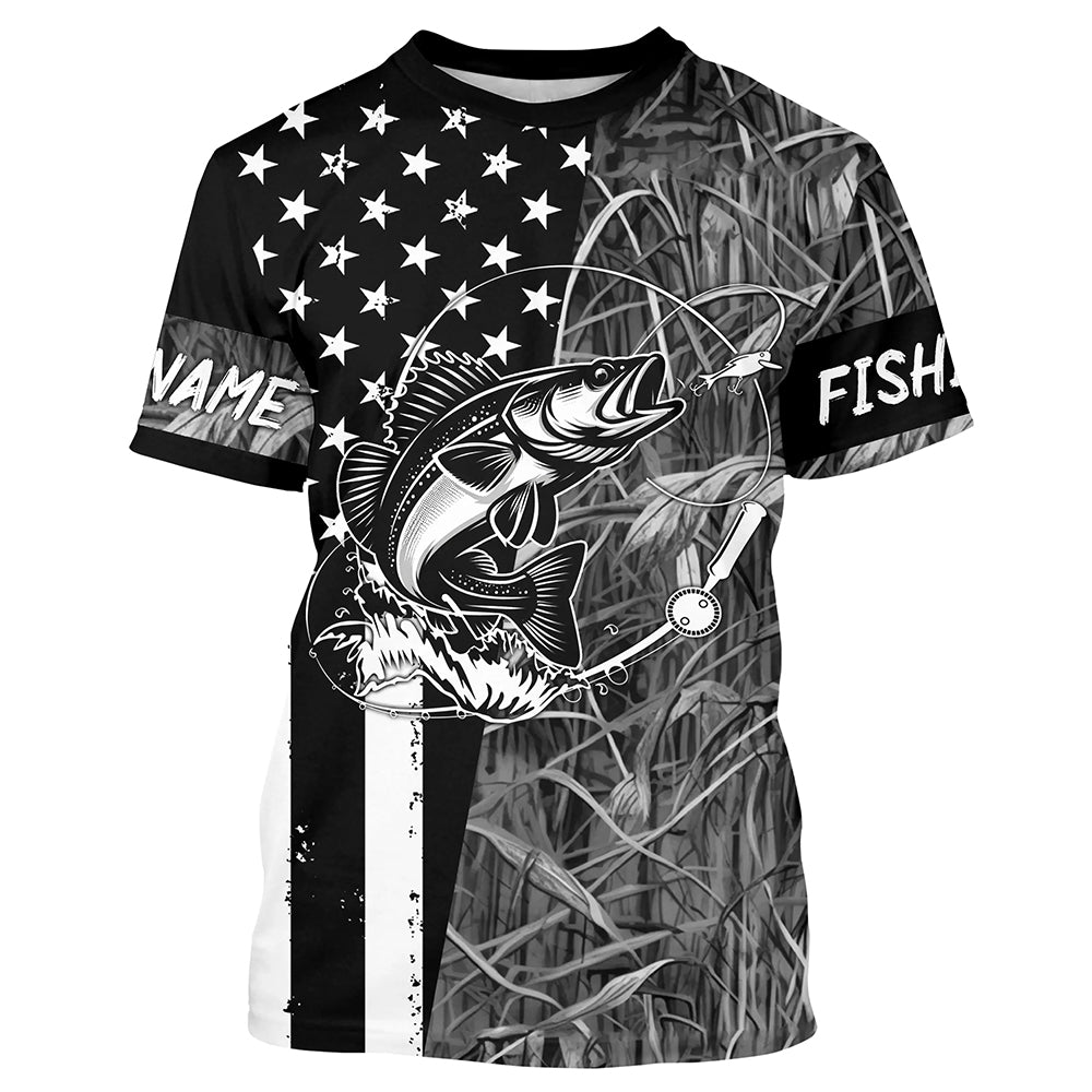 Walleye fishing custom name black American flag camo performance long sleeve fishing shirts for men NQSD99