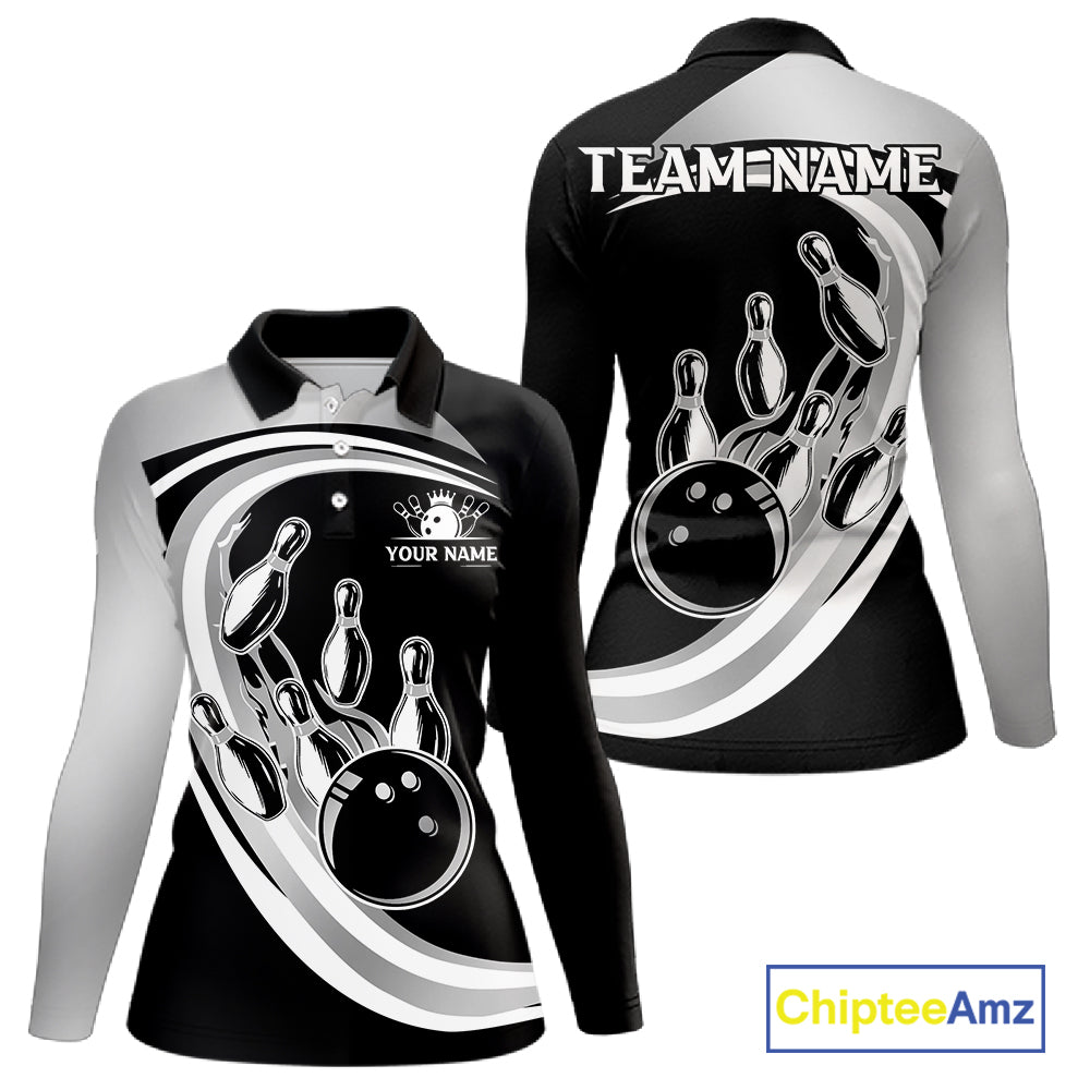 Black and Silver Bowling Shirts For Women Custom Bowling Team League Jerseys, Gift For Bowler NQS11416