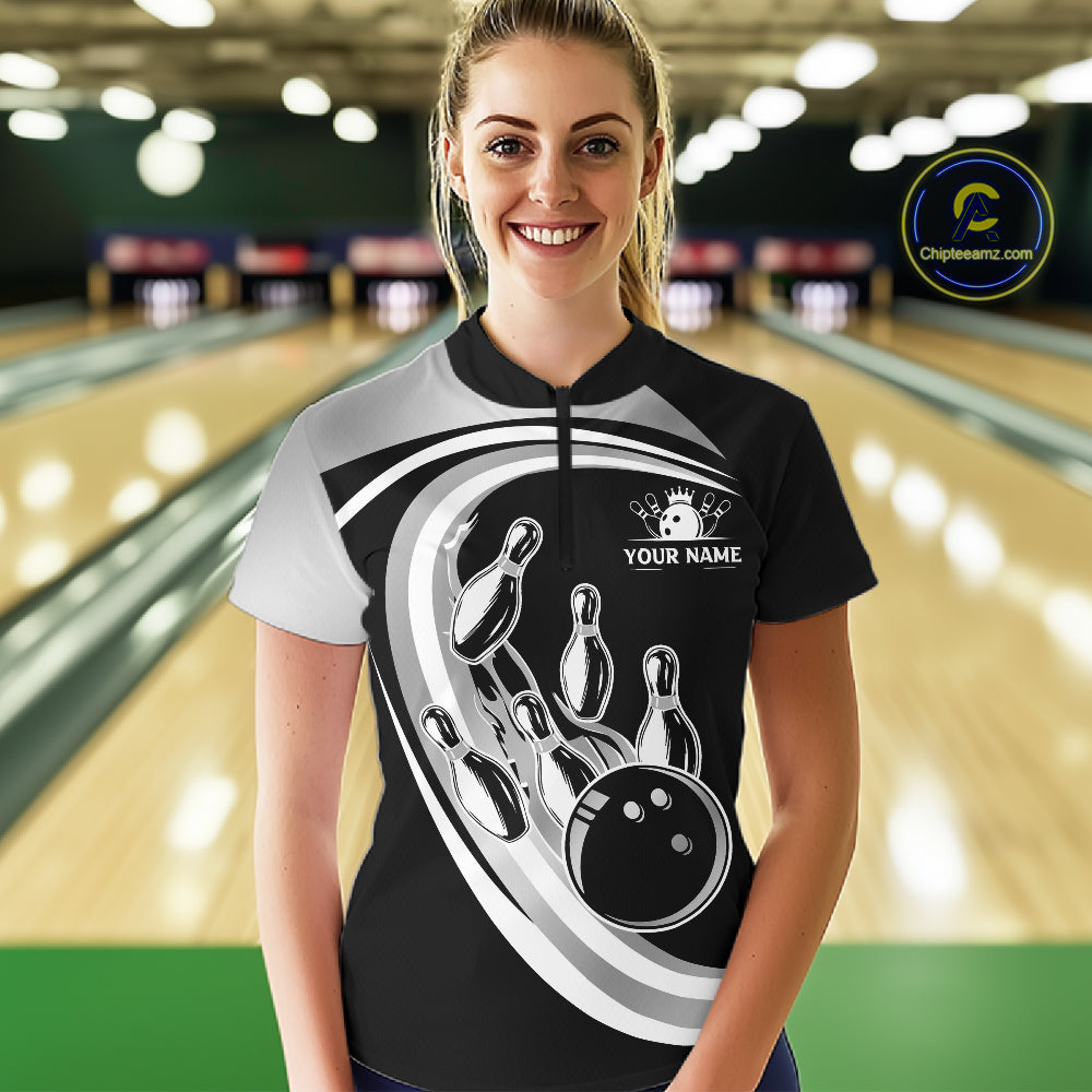 Black and Silver Bowling Shirts For Women Custom Bowling Team League Jerseys, Gift For Bowler NQS11416