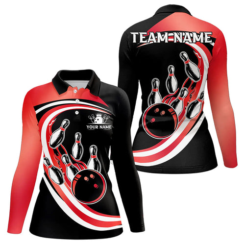Black & Red Bowling Polo, 1/4 Zip Shirt For Women Custom Bowling Team League Jersey, Gift For Bowler NQS9490