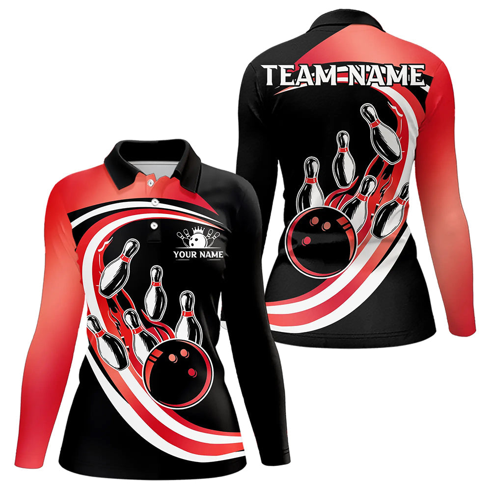 Black & Red Bowling Polo, 1/4 Zip Shirt For Women Custom Bowling Team League Jersey, Gift For Bowler NQS9490