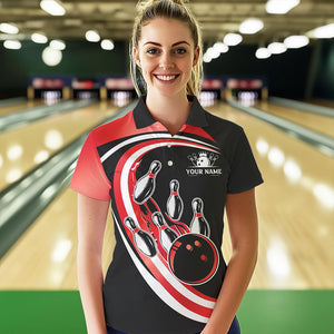 Black & Red Bowling Polo, 1/4 Zip Shirt For Women Custom Bowling Team League Jersey, Gift For Bowler NQS9490