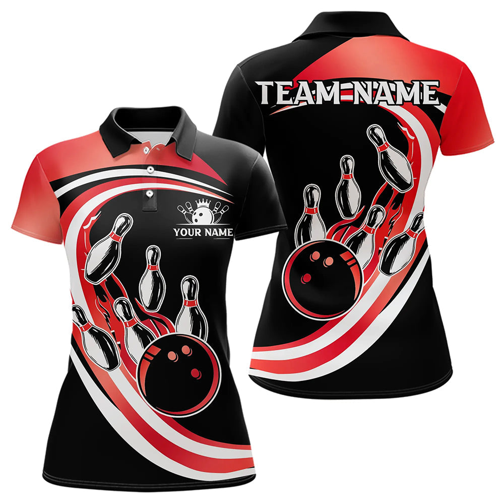 Black & Red Bowling Polo, 1/4 Zip Shirt For Women Custom Bowling Team League Jersey, Gift For Bowler NQS9490