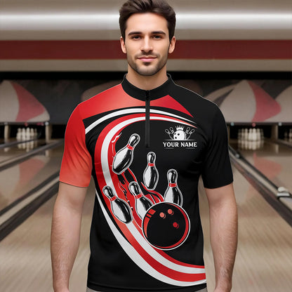 Black and Red Bowling Polo, 1/4 Zip Shirt For Men Custom Bowling Team League Jersey, Gift For Bowler NQS9490