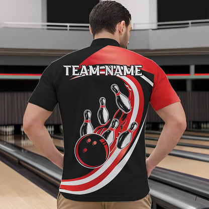 Black and Red Bowling Polo, 1/4 Zip Shirt For Men Custom Bowling Team League Jersey, Gift For Bowler NQS9490