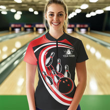 Load image into Gallery viewer, Black &amp; Red Bowling Polo, 1/4 Zip Shirt For Women Custom Bowling Team League Jersey, Gift For Bowler NQS9490