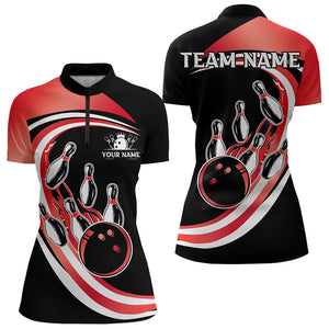 Black & Red Bowling Polo, 1/4 Zip Shirt For Women Custom Bowling Team League Jersey, Gift For Bowler NQS9490