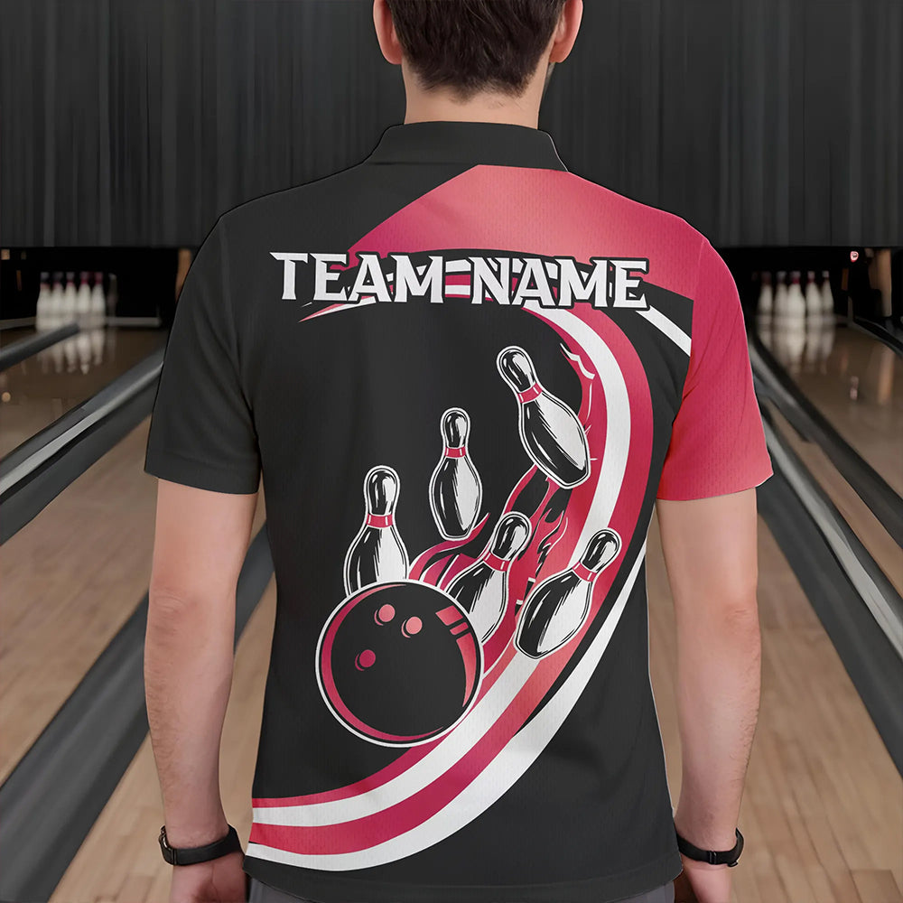 Black and Pink Bowling Polo, 1/4 Zip Shirt For Men Custom Bowling Team League Jersey, Gift For Bowler NQS9491