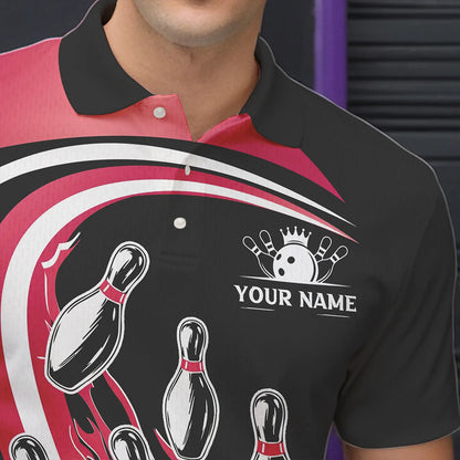 Black and Pink Bowling Polo, 1/4 Zip Shirt For Men Custom Bowling Team League Jersey, Gift For Bowler NQS9491