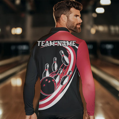 Black and Pink Bowling Polo, 1/4 Zip Shirt For Men Custom Bowling Team League Jersey, Gift For Bowler NQS9491