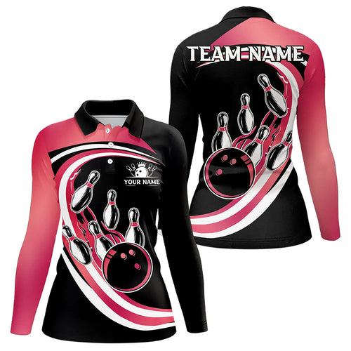 Black & Pink Bowling Polo, 1/4 Zip Shirt For Women Custom Bowling Team League Jersey, Gift For Bowler NQS9491