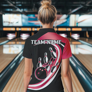 Black & Pink Bowling Polo, 1/4 Zip Shirt For Women Custom Bowling Team League Jersey, Gift For Bowler NQS9491