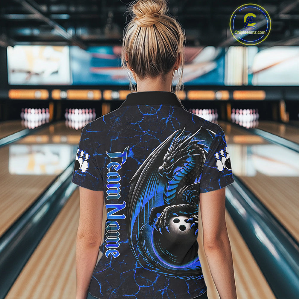 Black And Blue Custom Dragon Bowling Shirts For Women, Dragon Bowling Team Shirts NQS11620