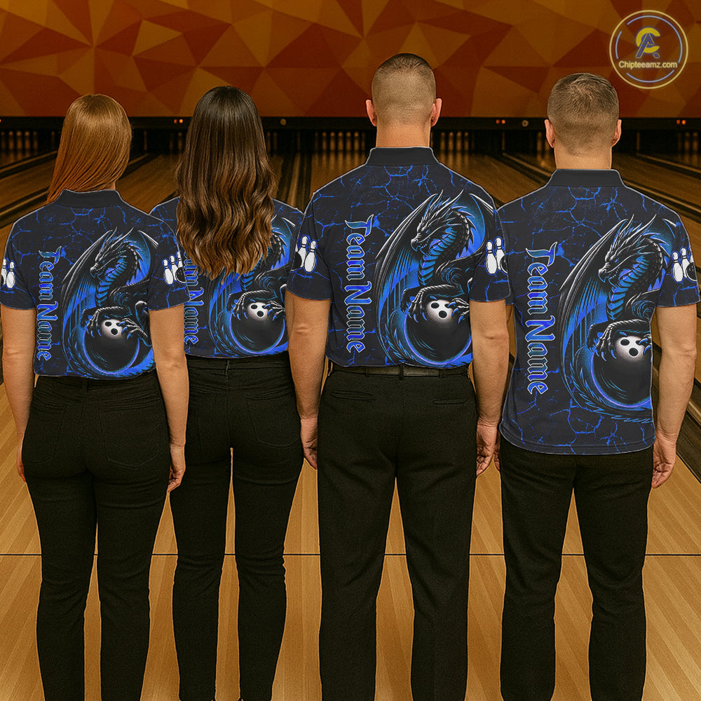 Black And Blue Custom Dragon Bowling Shirts For Men, Dragon Bowling Team Shirts NQS11620