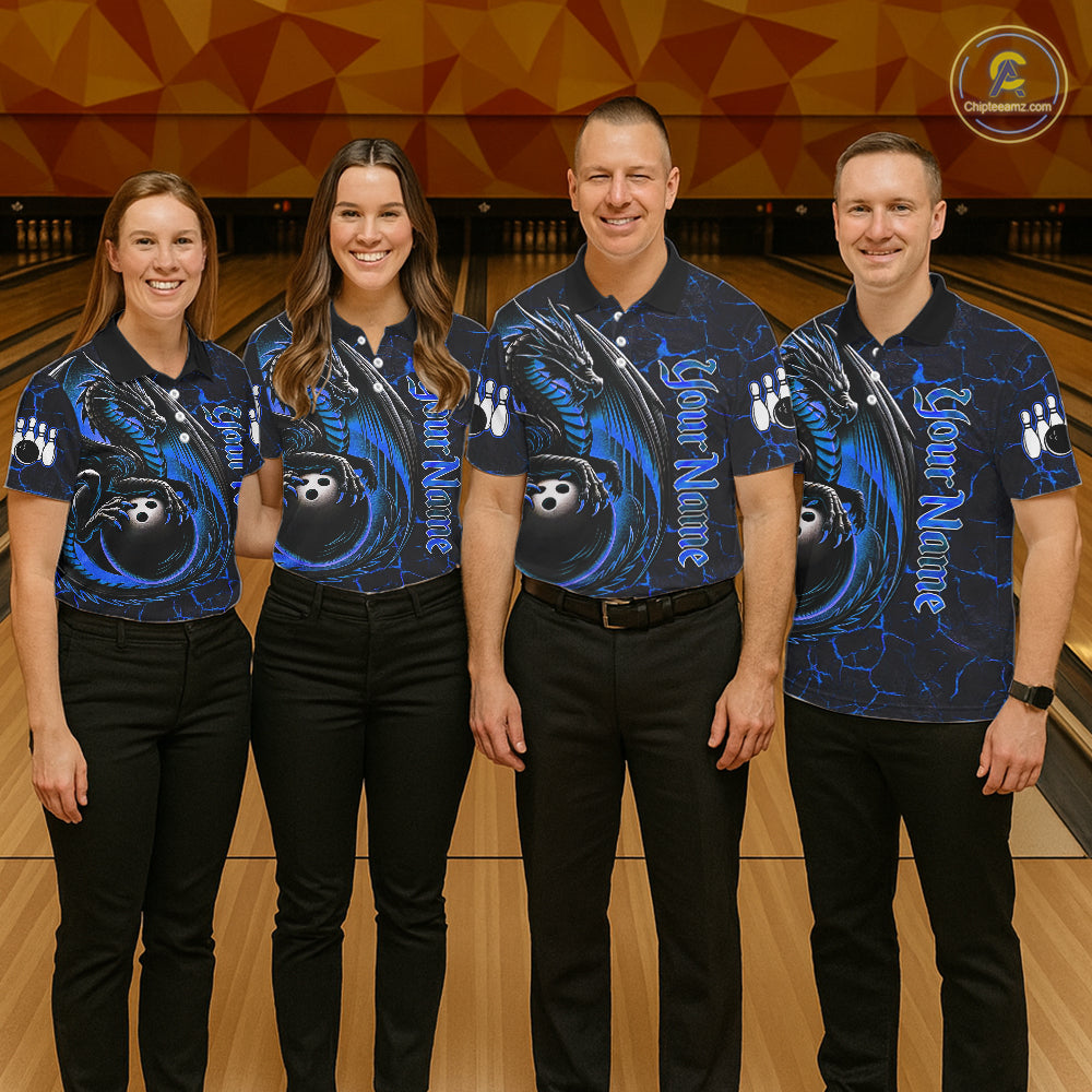 Black And Blue Custom Dragon Bowling Shirts For Men, Dragon Bowling Team Shirts NQS11620