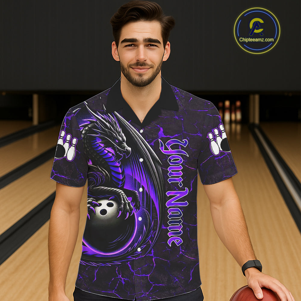 Black And Purple Custom Dragon Bowling Button-up Shirts, Dragon Hawaiian Bowling Team Shirts NQS11621