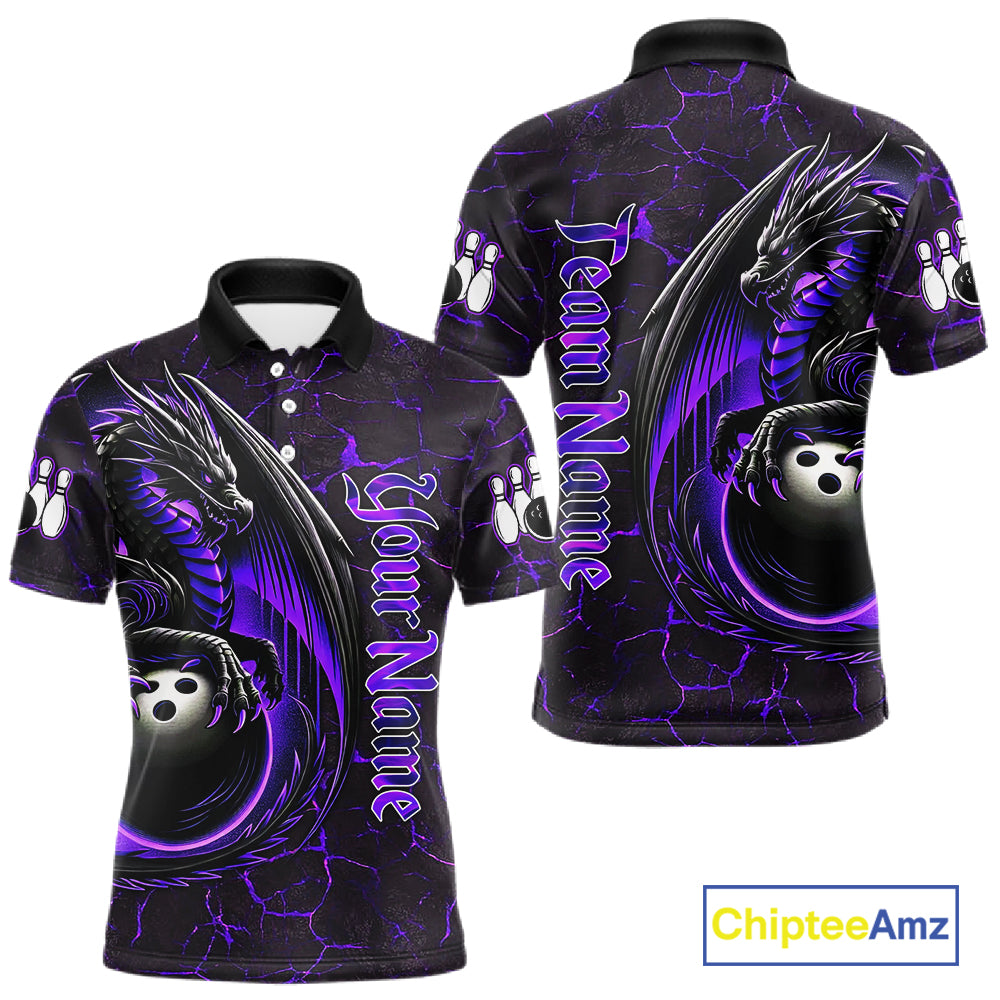 Black And Purple Custom Dragon Bowling Shirts For Men, Dragon Bowling Team Shirts NQS11621