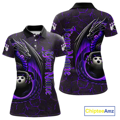Black And Purple Custom Dragon Bowling Shirts For Women, Dragon Bowling Team Shirts NQS11621