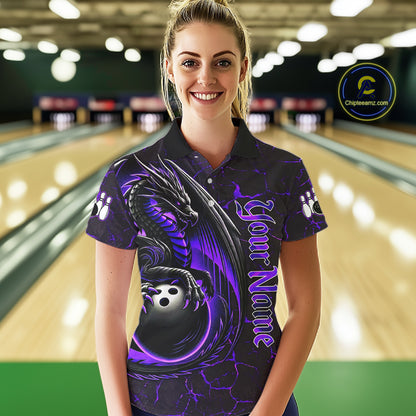 Black And Purple Custom Dragon Bowling Shirts For Women, Dragon Bowling Team Shirts NQS11621