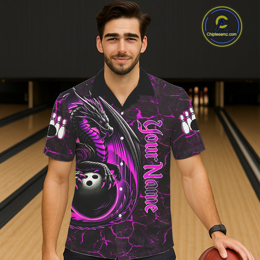 Black And Pink Custom Dragon Bowling Button-up Shirts, Dragon Hawaiian Bowling Team Shirts NQS11622