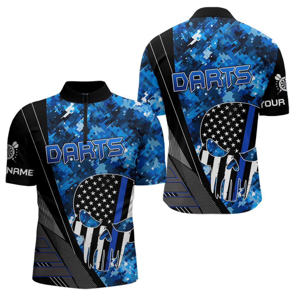 Black and White American Flag Skull Darts Blue Camo Darts Shirts For Men Custom Team Darts Jersey NQS9653