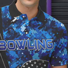 Load image into Gallery viewer, Black and White American Flag Skull Blue Camo Bowling Shirts For Men Custom Team Bowling Jerseys NQS9654