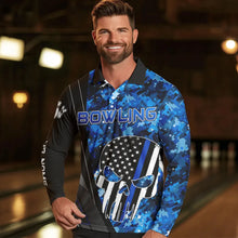 Load image into Gallery viewer, Black and White American Flag Skull Blue Camo Bowling Shirts For Men Custom Team Bowling Jerseys NQS9654